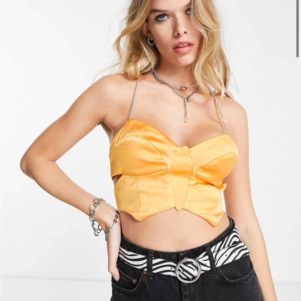 Bershka corset butterfly detail satin top in orange